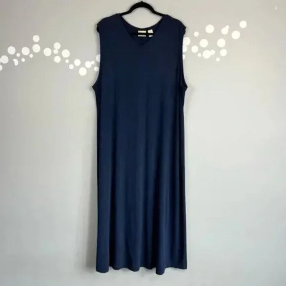 L.L Bean Navy Sleeveless Maxi Dress 2X V-Neck Stretch Knit Back Slit